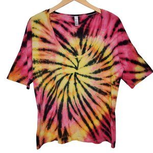 Sunset Spiral Tie Dye T-shirt Pink Yellow Swirl Scoop Neck